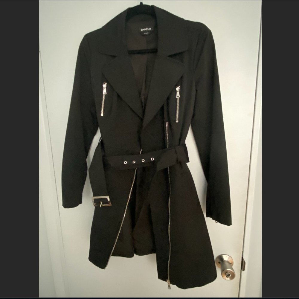 BEBE Asymmetrical Black Coat with Pleated Skirt